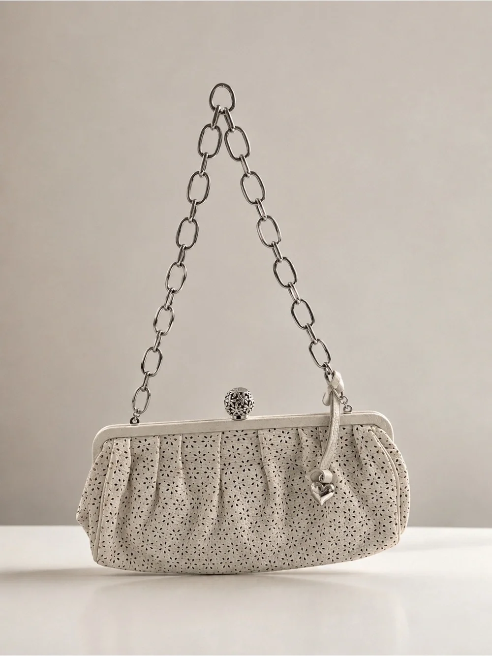 Brighton White Perforated Shoulder Bag/Clutch with Silver Chain